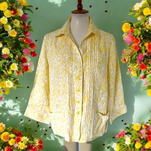 Kim Rogers Size PXL Petite XL Jacket Blazer Yellow Floral Linen 100% Linen - Picture 1 of 16